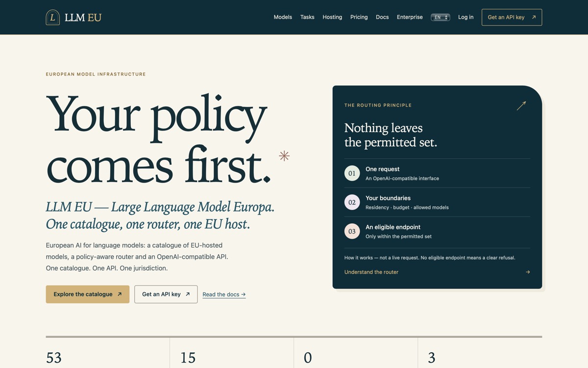 llmeu.com, captured live: a cream and gold editorial page with a large dark-teal headline and a model catalogue.