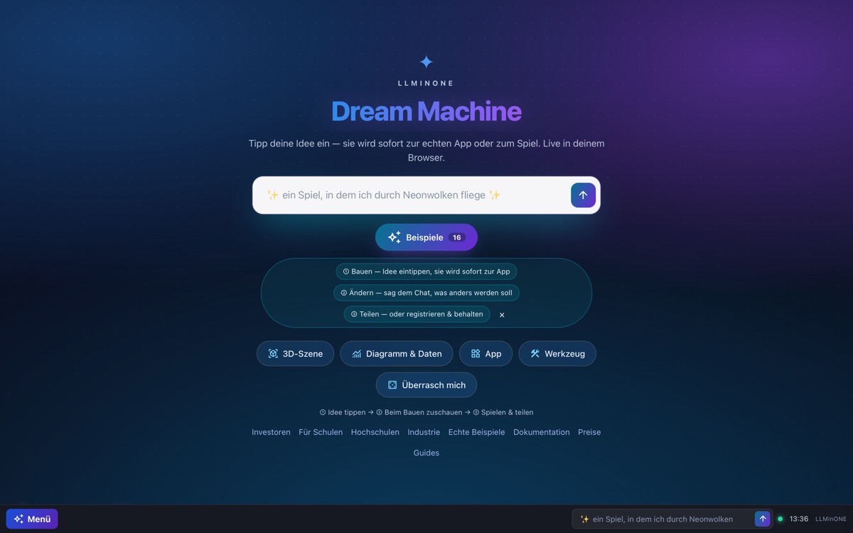 llminone.com, captured live: a dark navy screen with a glowing gradient Dream Machine headline and a centred composer.