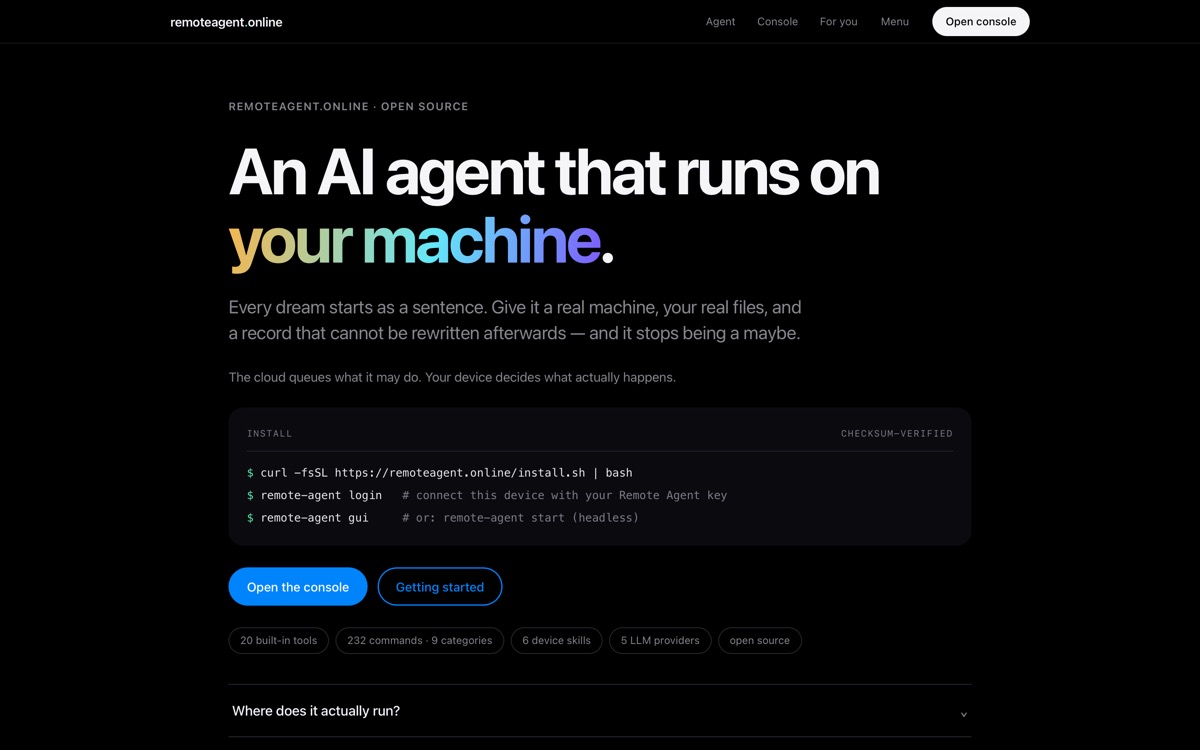 remoteagent.online, captured live: a near-black page with left-aligned white headline text and a monospace install command.